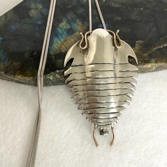 Sterling Silver 925 14K Yellow Gold Manta Ray Trilobite Pendant Necklace 25" - Picture 1 of 16